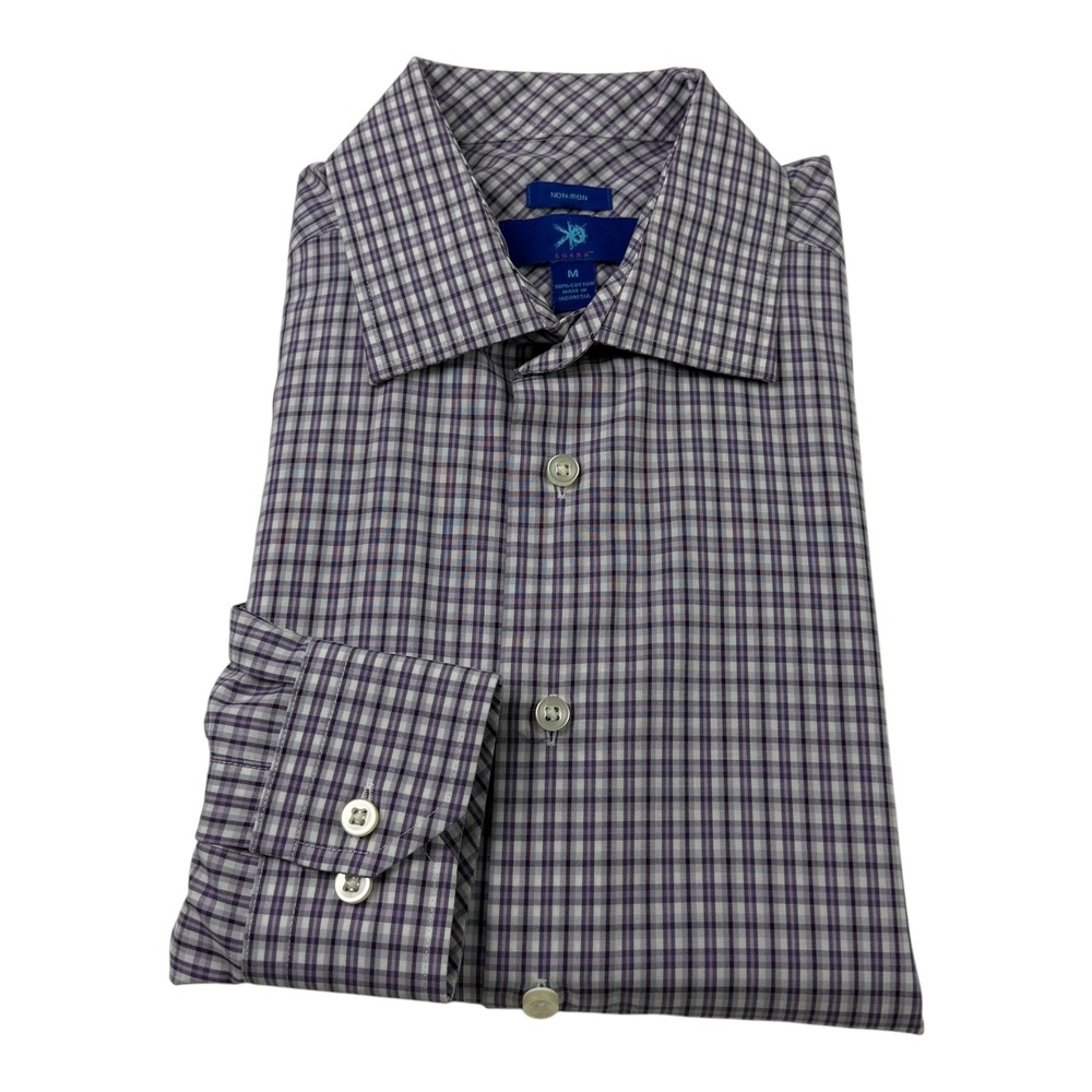 Egara Mens Medium Non-Iron Cotton Dress Shirt Purple Gray Plaid Long Sleeve M